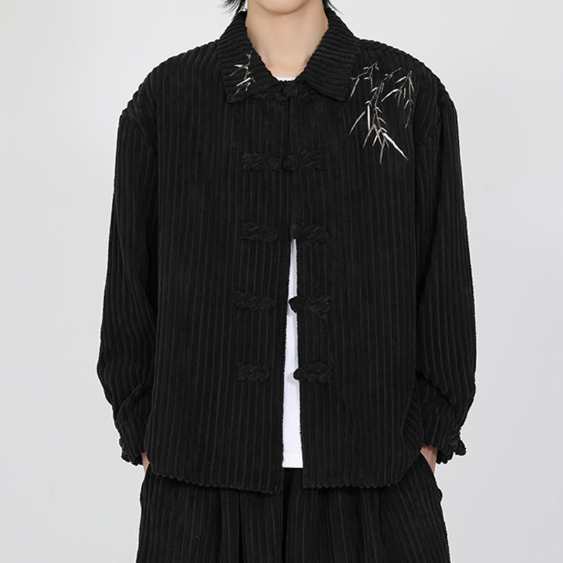 Chaqueta de pana de algodón de manga larga para hombre con diseño de rana y botones y bordado de Buddha Stones y bambú - image 1