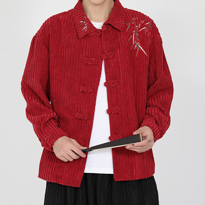 Chaqueta de pana de algodón de manga larga para hombre con diseño de rana y botones y bordado de Buddha Stones y bambú - image 13