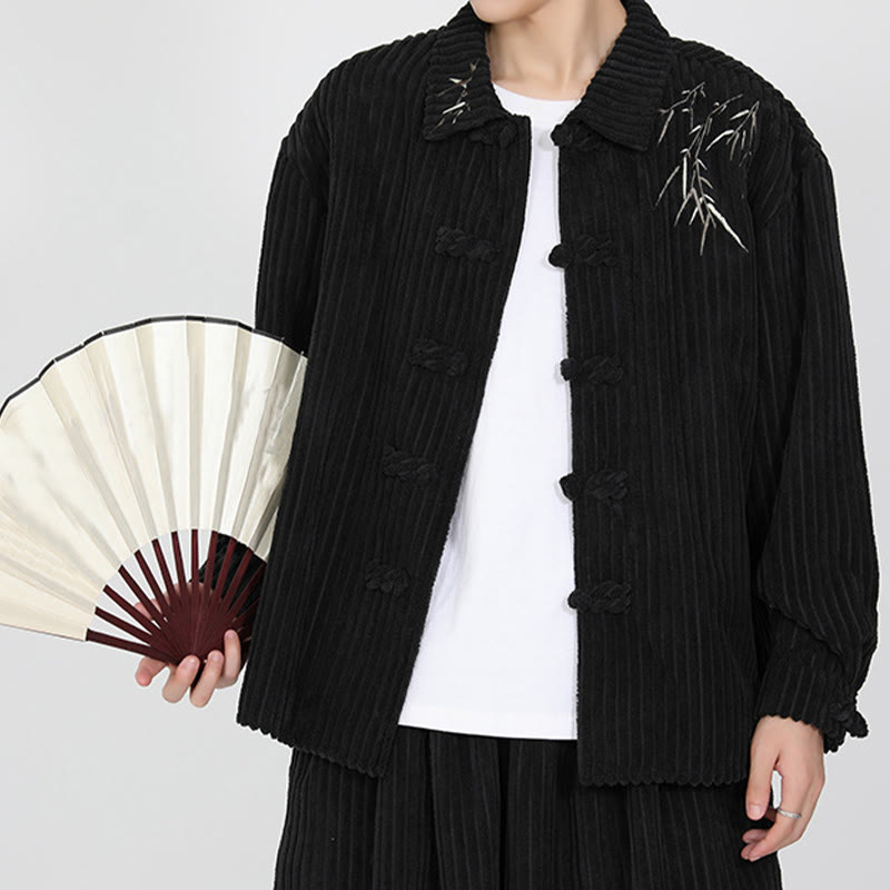 Chaqueta de pana de algodón de manga larga para hombre con diseño de rana y botones y bordado de Buddha Stones y bambú - image 6