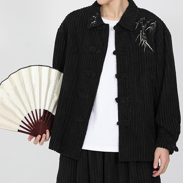 Chaqueta de pana de algodón de manga larga para hombre con diseño de rana y botones y bordado de Buddha Stones y bambú - image 6
