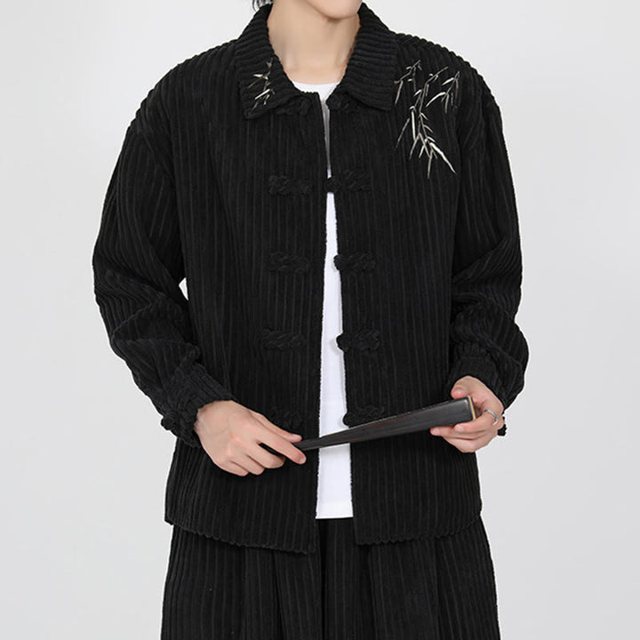 Chaqueta de pana de algodón de manga larga para hombre con diseño de rana y botones y bordado de Buddha Stones y bambú - Negro - US/UK/AU46, EU56 (5XL) - image 0