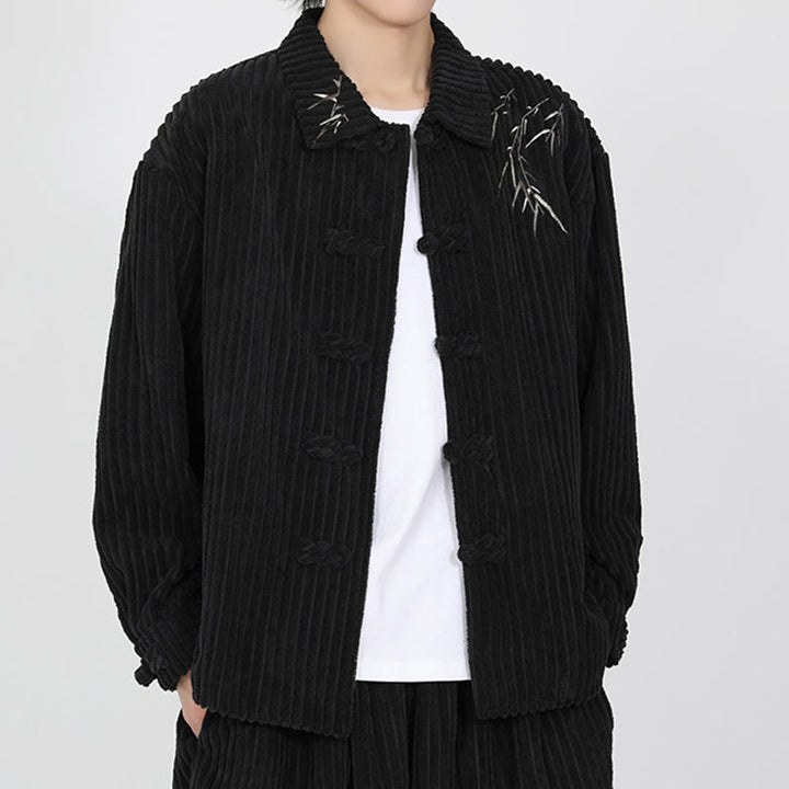 Chaqueta de pana de algodón de manga larga para hombre con diseño de rana y botones y bordado de Buddha Stones y bambú - image 5