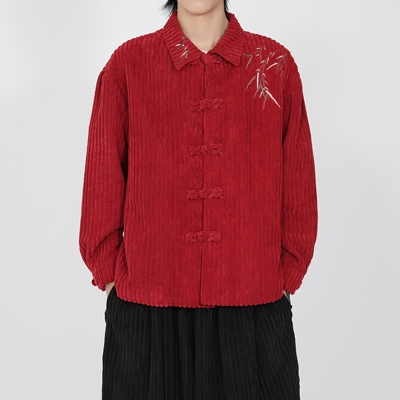 Chaqueta de pana de algodón de manga larga para hombre con diseño de rana y botones y bordado de Buddha Stones y bambú - image 15