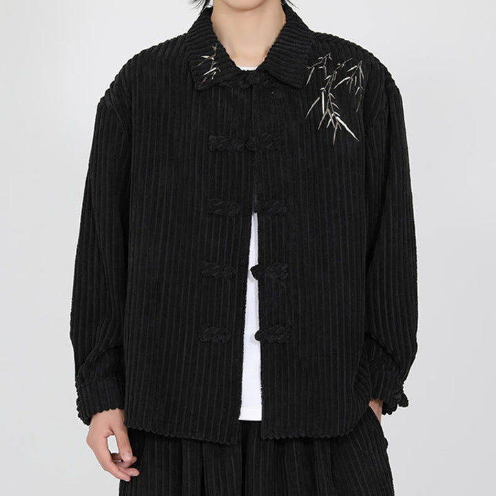 Chaqueta de pana de algodón de manga larga para hombre con diseño de rana y botones y bordado de Buddha Stones y bambú - image 2