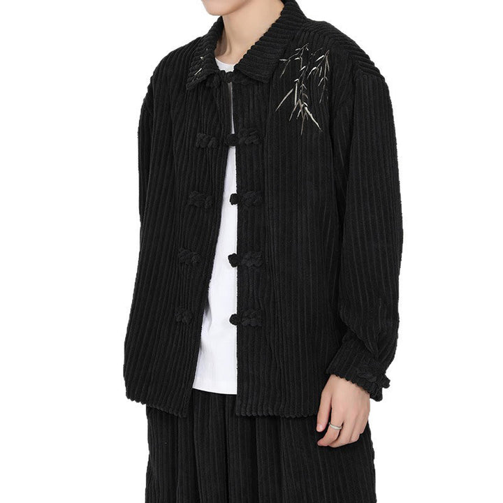 Chaqueta de pana de algodón de manga larga para hombre con diseño de rana y botones y bordado de Buddha Stones y bambú - image 8