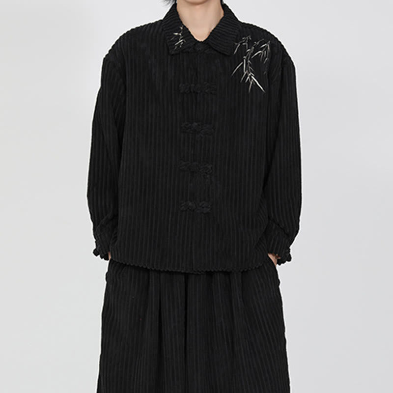 Chaqueta de pana de algodón de manga larga para hombre con diseño de rana y botones y bordado de Buddha Stones y bambú - image 7
