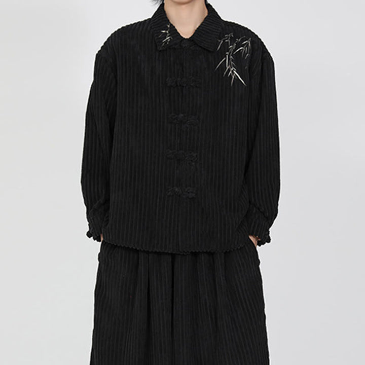 Chaqueta de pana de algodón de manga larga para hombre con diseño de rana y botones y bordado de Buddha Stones y bambú - image 7