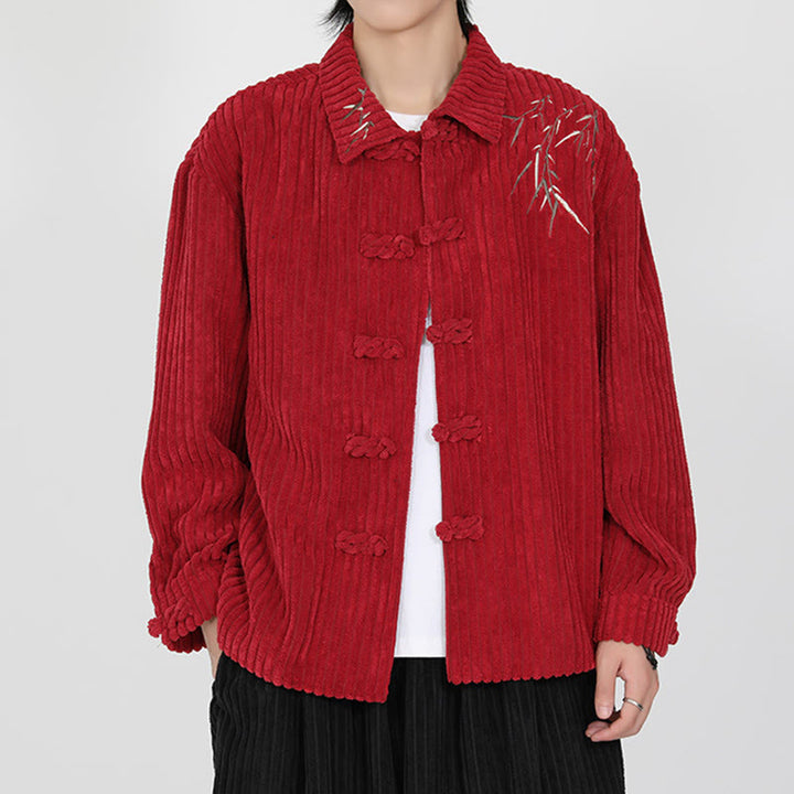 Chaqueta de pana de algodón de manga larga para hombre con diseño de rana y botones y bordado de Buddha Stones y bambú - image 12