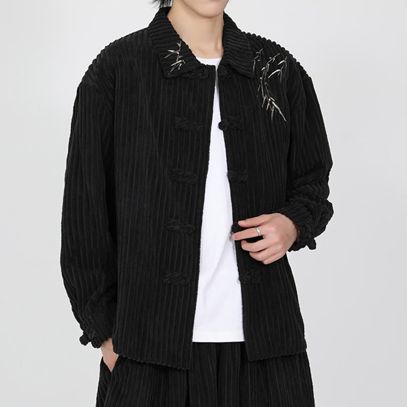 Chaqueta de pana de algodón de manga larga para hombre con diseño de rana y botones y bordado de Buddha Stones y bambú - image 3