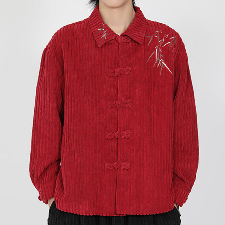 Chaqueta de pana de algodón de manga larga para hombre con diseño de rana y botones y bordado de Buddha Stones y bambú - Carmesí - US/UK/AU46, EU56 (5XL) - image 9