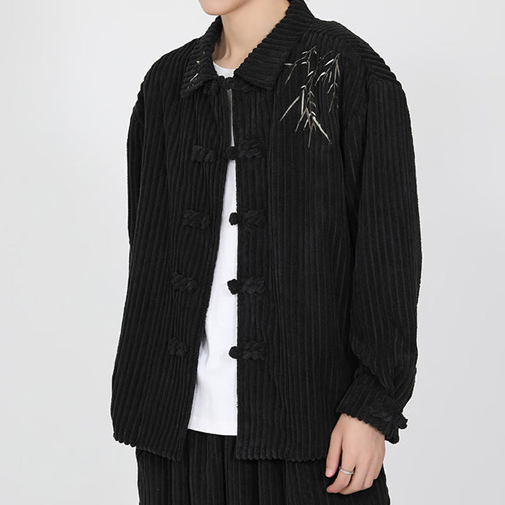 Chaqueta de pana de algodón de manga larga para hombre con diseño de rana y botones y bordado de Buddha Stones y bambú - image 4