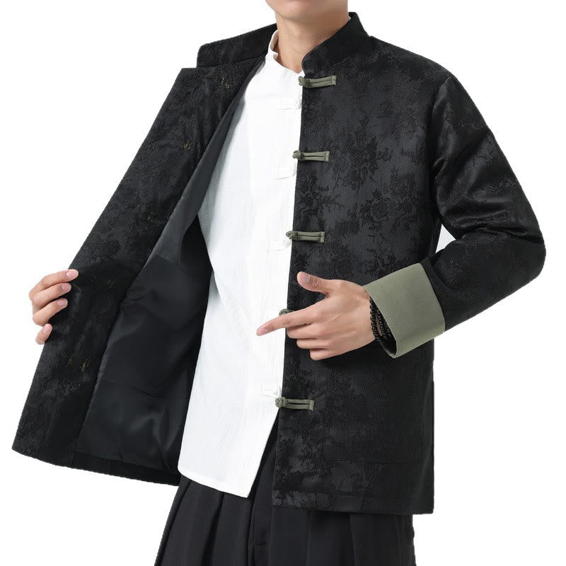 Chaqueta de algodón de manga larga para hombre con botones de rana y jacquard de Buddha Stones y bolsillos - image 11