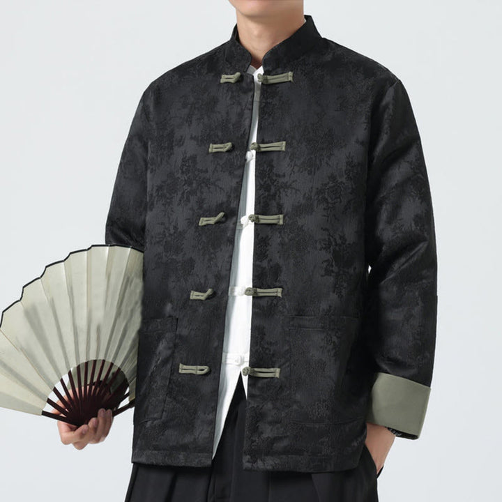 Chaqueta de algodón de manga larga para hombre con botones de rana y jacquard de Buddha Stones y bolsillos - image 8