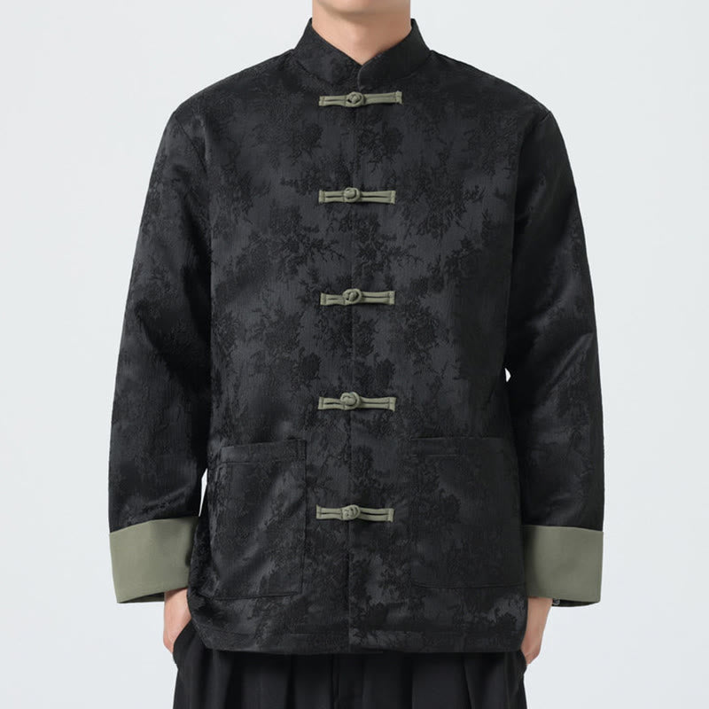 Chaqueta de algodón de manga larga para hombre con botones de rana y jacquard de Buddha Stones y bolsillos - Negro - US/UK/AU46, EU56 (5XL) - image 0