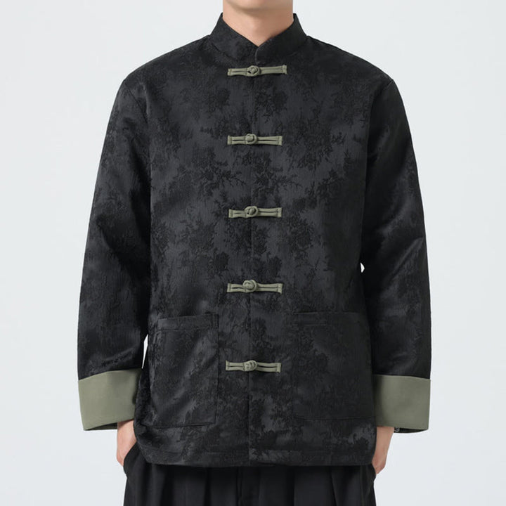 Chaqueta de algodón de manga larga para hombre con botones de rana y jacquard de Buddha Stones y bolsillos - Negro - US/UK/AU46, EU56 (5XL) - image 0