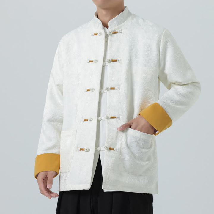 Chaqueta de algodón de manga larga para hombre con botones de rana y jacquard de Buddha Stones y bolsillos - Blanco - US/UK/AU46, EU56 (5XL) - image 12