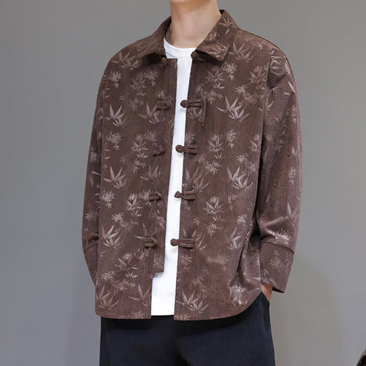 Chaqueta de traje Tang de algodón para hombre, de manga larga, con botones de rana y estampado de hojas y jacquard de Buddha Stones - image 28