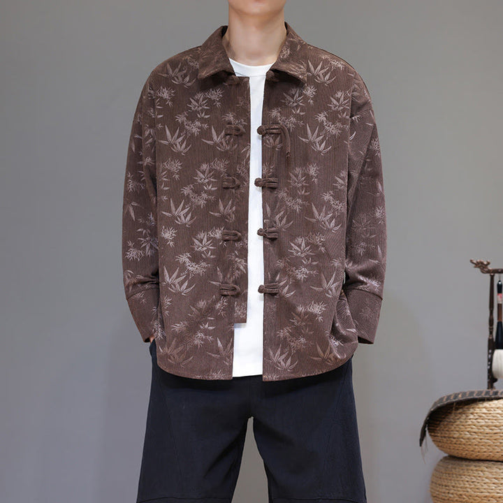 Chaqueta de traje Tang de algodón para hombre, de manga larga, con botones de rana y estampado de hojas y jacquard de Buddha Stones - image 26