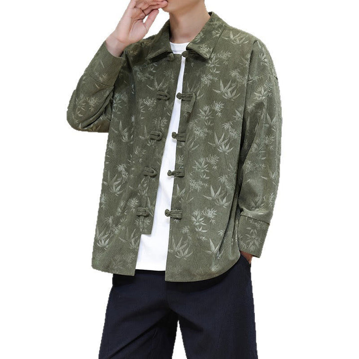 Chaqueta de traje Tang de algodón para hombre, de manga larga, con botones de rana y estampado de hojas y jacquard de Buddha Stones - image 24