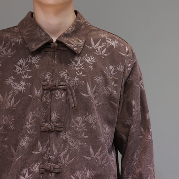 Chaqueta de traje Tang de algodón para hombre, de manga larga, con botones de rana y estampado de hojas y jacquard de Buddha Stones - image 35