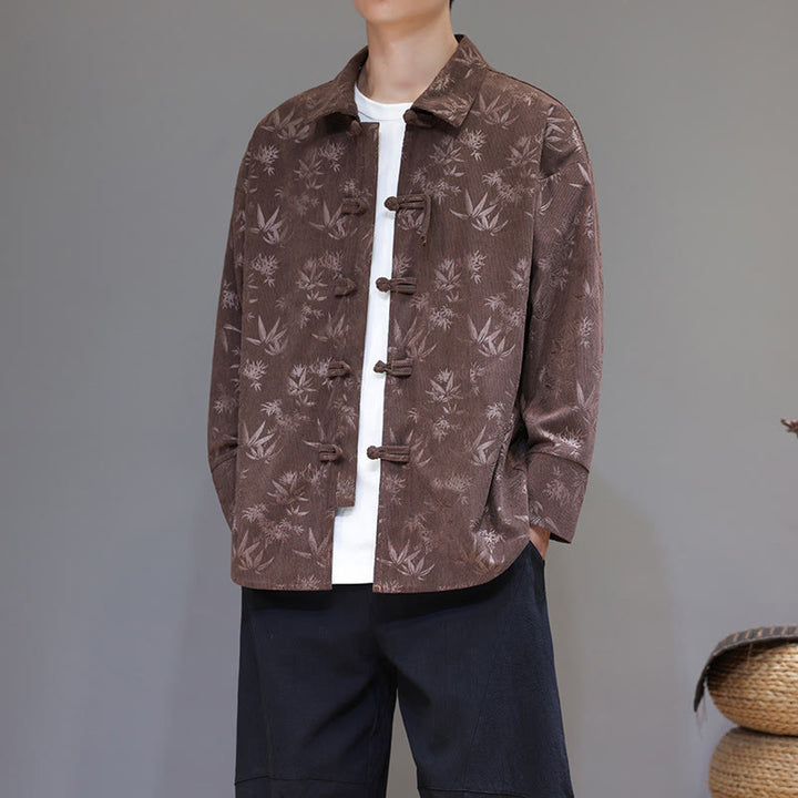 Chaqueta de traje Tang de algodón para hombre, de manga larga, con botones de rana y estampado de hojas y jacquard de Buddha Stones - Tierra de siena - US/UK/AU46, EU56 (5XL) - image 25