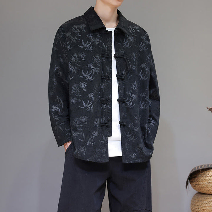 Chaqueta de traje Tang de algodón para hombre, de manga larga, con botones de rana y estampado de hojas y jacquard de Buddha Stones - Negro - US/UK/AU46, EU56 (5XL) - image 0