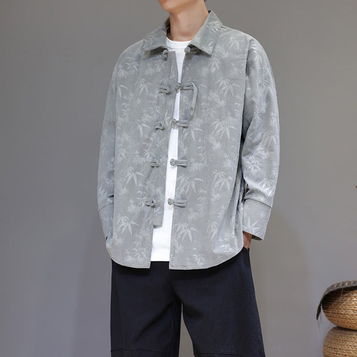 Chaqueta de traje Tang de algodón para hombre, de manga larga, con botones de rana y estampado de hojas y jacquard de Buddha Stones - Gris claro - US/UK/AU48，EU58(5XL) - image 8