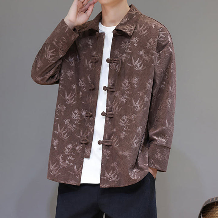 Chaqueta de traje Tang de algodón para hombre, de manga larga, con botones de rana y estampado de hojas y jacquard de Buddha Stones - image 30