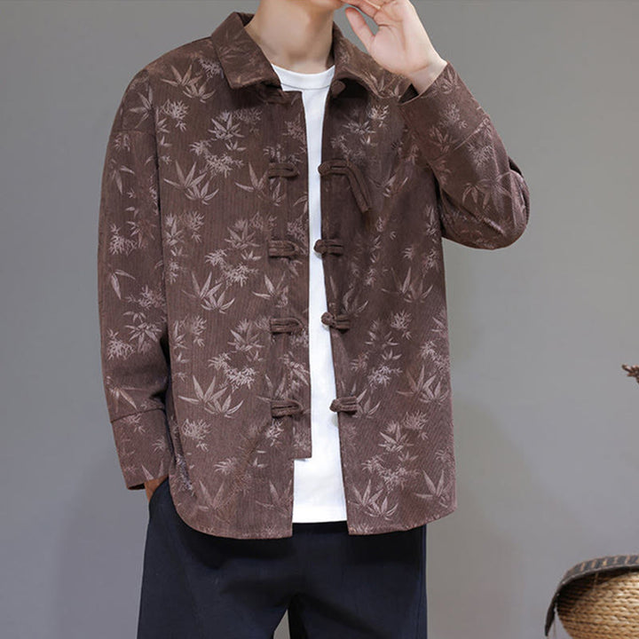 Chaqueta de traje Tang de algodón para hombre, de manga larga, con botones de rana y estampado de hojas y jacquard de Buddha Stones - image 32