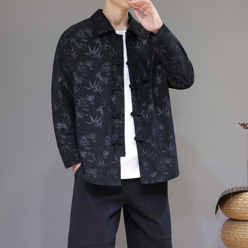 Chaqueta de traje Tang de algodón para hombre, de manga larga, con botones de rana y estampado de hojas y jacquard de Buddha Stones - image 1