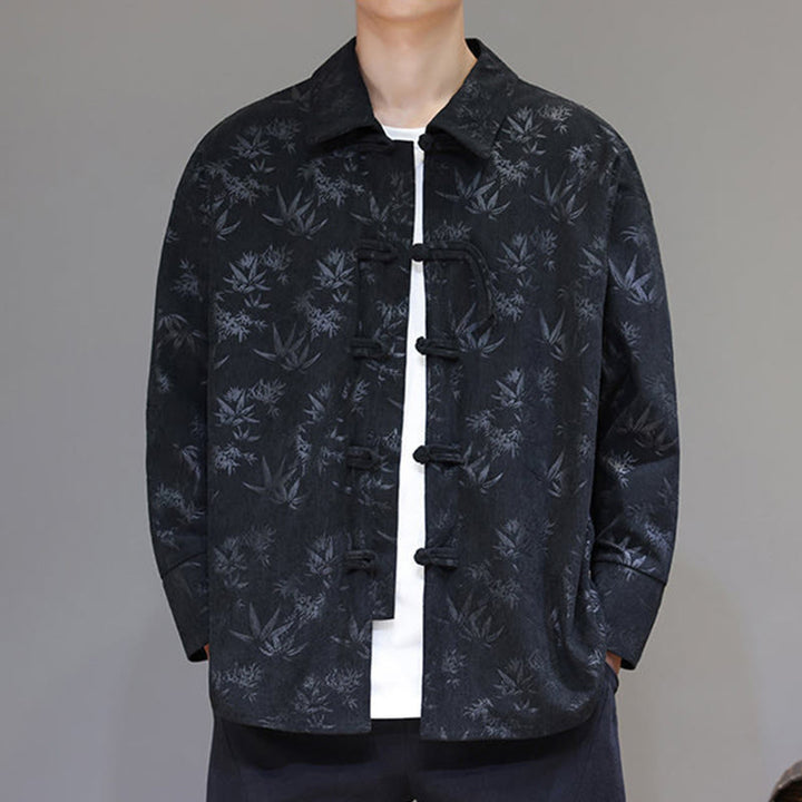 Chaqueta de traje Tang de algodón para hombre, de manga larga, con botones de rana y estampado de hojas y jacquard de Buddha Stones - image 7