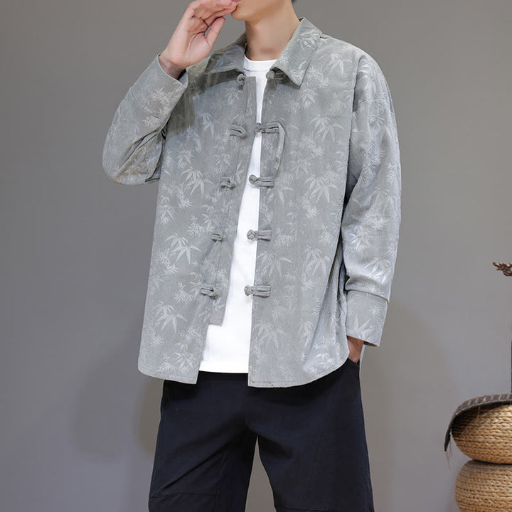 Chaqueta de traje Tang de algodón para hombre, de manga larga, con botones de rana y estampado de hojas y jacquard de Buddha Stones - image 9