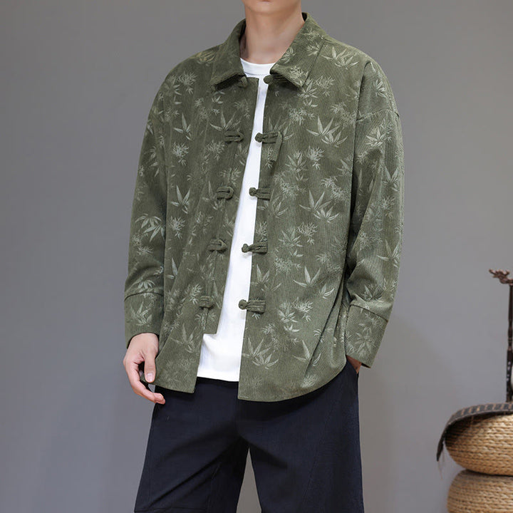 Chaqueta de traje Tang de algodón para hombre, de manga larga, con botones de rana y estampado de hojas y jacquard de Buddha Stones - Verde bosque - US/UK/AU46, EU56 (5XL) - image 16