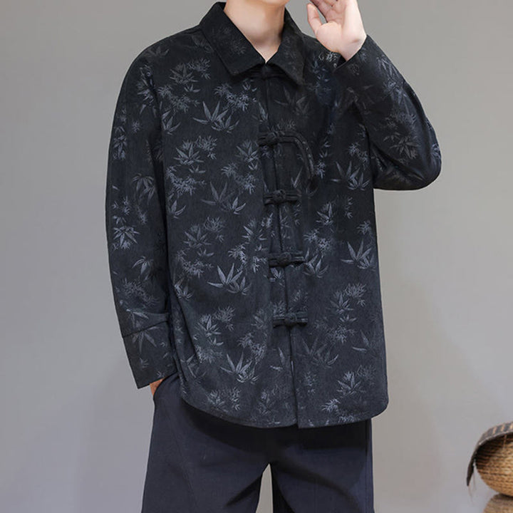 Chaqueta de traje Tang de algodón para hombre, de manga larga, con botones de rana y estampado de hojas y jacquard de Buddha Stones - image 6