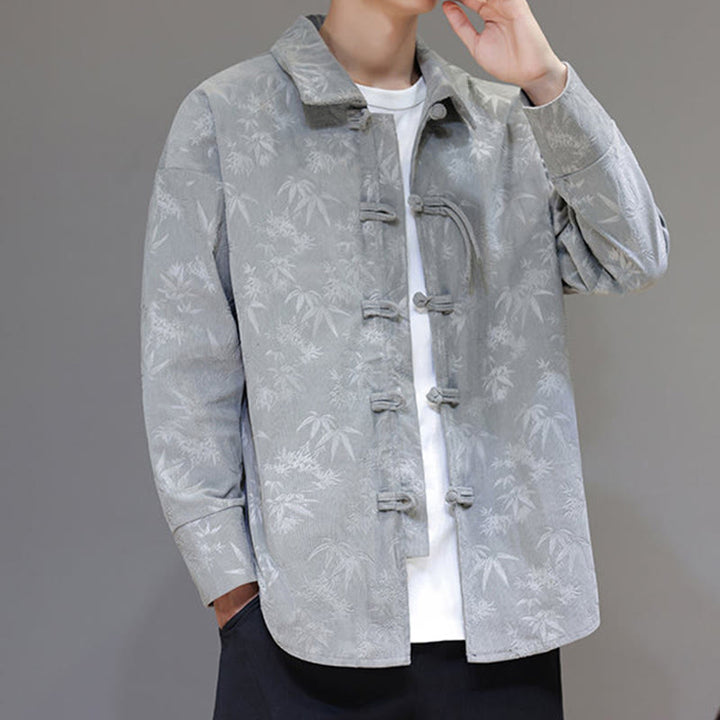 Chaqueta de traje Tang de algodón para hombre, de manga larga, con botones de rana y estampado de hojas y jacquard de Buddha Stones - image 15