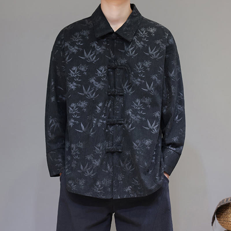 Chaqueta de traje Tang de algodón para hombre, de manga larga, con botones de rana y estampado de hojas y jacquard de Buddha Stones - image 5