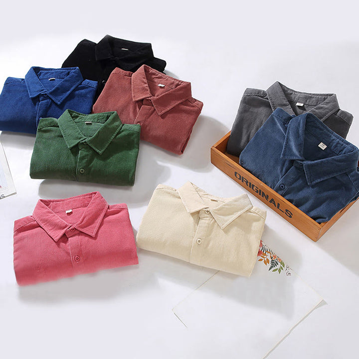 Camisa de pana de algodón puro de manga larga con botones de color liso para hombre de Buddha Stones - image 22