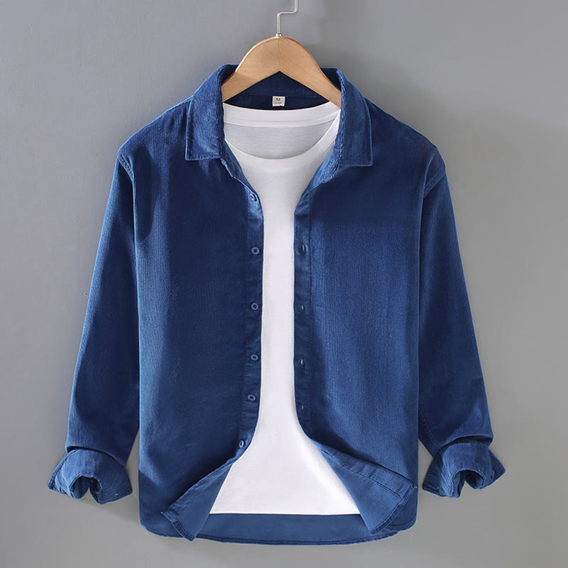 Camisa de pana de algodón puro de manga larga con botones de color liso para hombre de Buddha Stones - Azul medio - US/UK/AU44, EU54 (4XL) - image 1