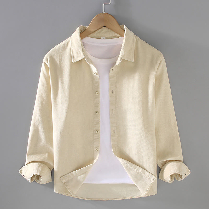 Camisa de pana de algodón puro de manga larga con botones de color liso para hombre de Buddha Stones - Beige - US/UK/AU44, EU54 (4XL) - image 4