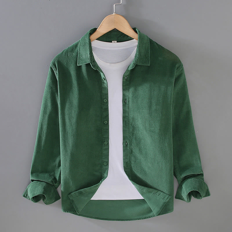 Camisa de pana de algodón puro de manga larga con botones de color liso para hombre de Buddha Stones - Verde bosque - US/UK/AU44, EU54 (4XL) - image 18