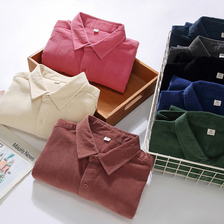 Camisa de pana de algodón puro de manga larga con botones de color liso para hombre de Buddha Stones - image 21
