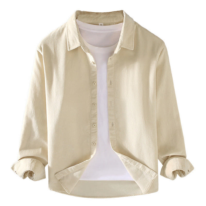 Camisa de pana de algodón puro de manga larga con botones de color liso para hombre de Buddha Stones - image 16