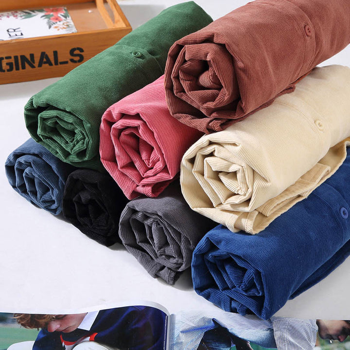 Camisa de pana de algodón puro de manga larga con botones de color liso para hombre de Buddha Stones - image 23