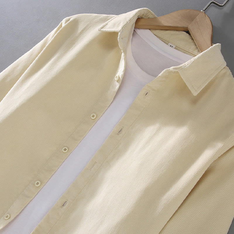 Camisa de pana de algodón puro de manga larga con botones de color liso para hombre de Buddha Stones - image 6