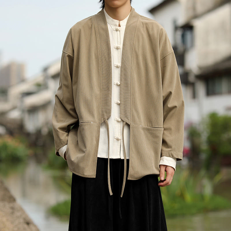 Chaqueta estilo kimono de pana de algodón para hombre, de manga larga, color liso , con bolsillos y abertura frontal. - image 2