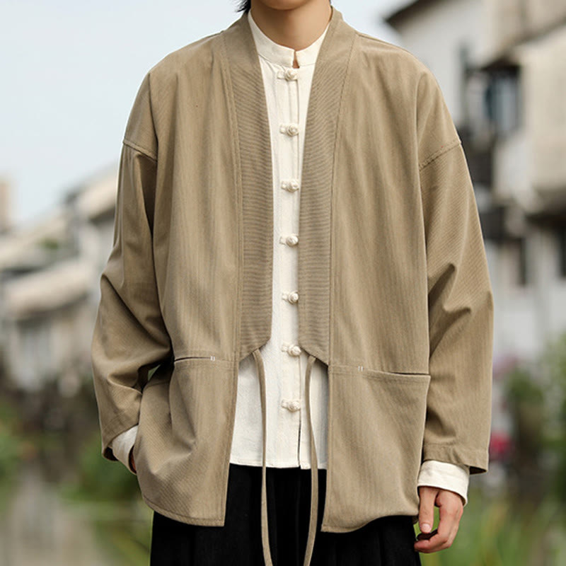 Chaqueta estilo kimono de pana de algodón para hombre, de manga larga, color liso , con bolsillos y abertura frontal. - image 3