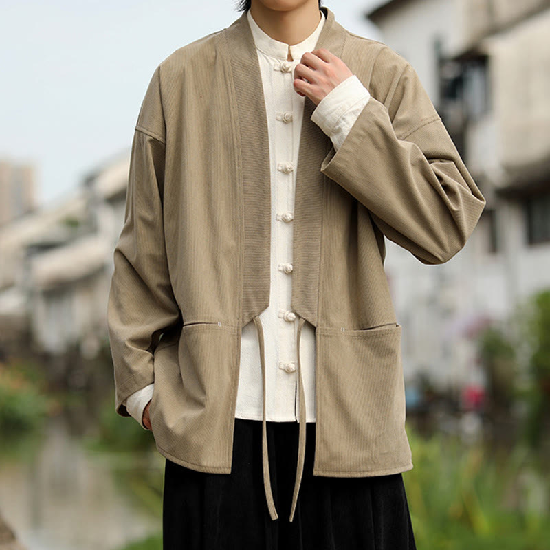Chaqueta estilo kimono de pana de algodón para hombre, de manga larga, color liso , con bolsillos y abertura frontal. - image 6