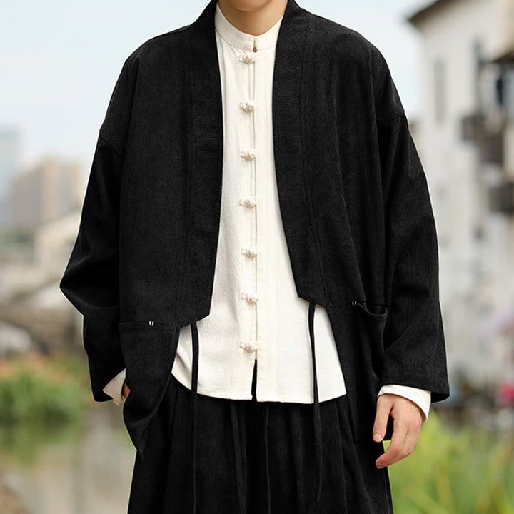 Chaqueta estilo kimono de pana de algodón para hombre, de manga larga, color liso , con bolsillos y abertura frontal. - image 17