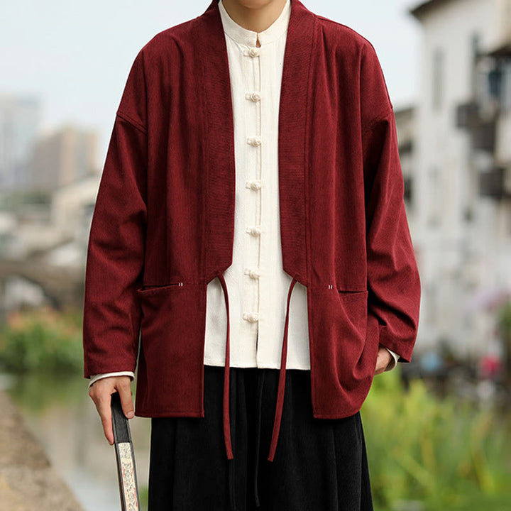 Chaqueta estilo kimono de pana de algodón para hombre, de manga larga, color liso , con bolsillos y abertura frontal. - image 11