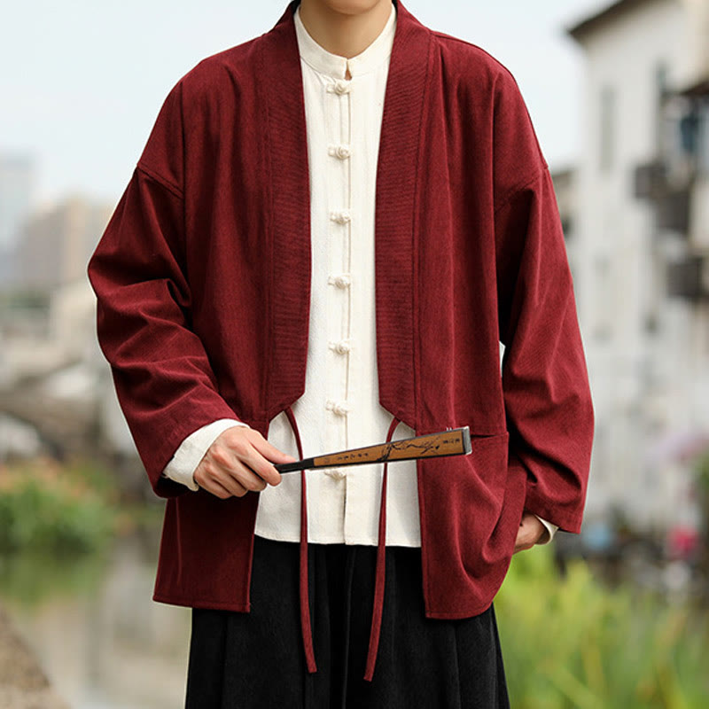 Chaqueta estilo kimono de pana de algodón para hombre, de manga larga, color liso , con bolsillos y abertura frontal. - image 12